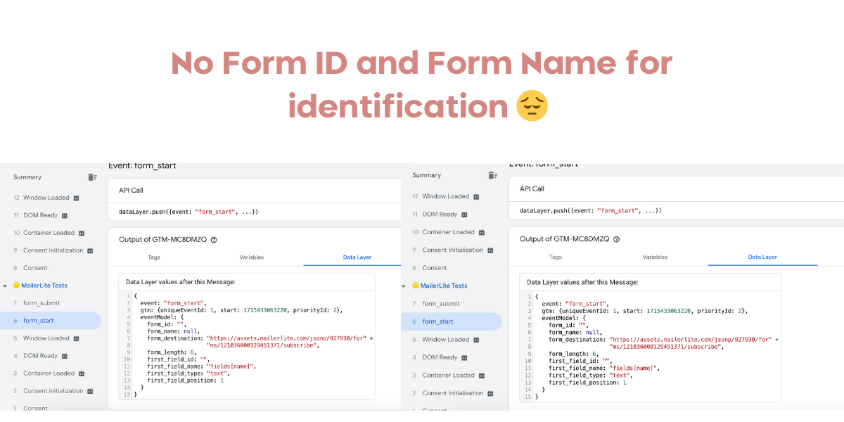 Form ID and Form Name are missing form the dataLayer on MailerLite form submission and form start events